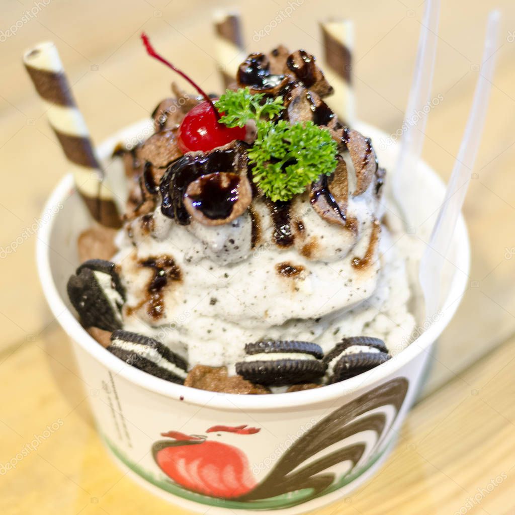 Chocolate shaved ice with whipping cream (Japan dessert style)