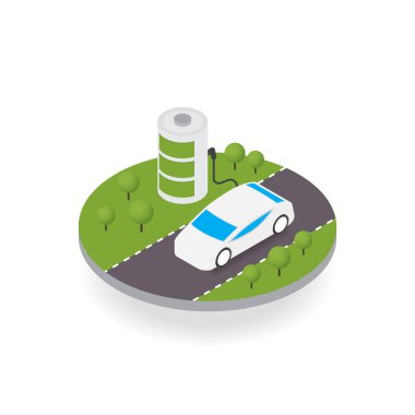 Yüzen adada Isometric elektrikli araba, ekoloji konsepti, beyaz arka planda izole edilmiş.