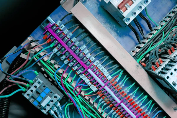 Switchboard full of dusty electrical cables — Stock Photo, Image