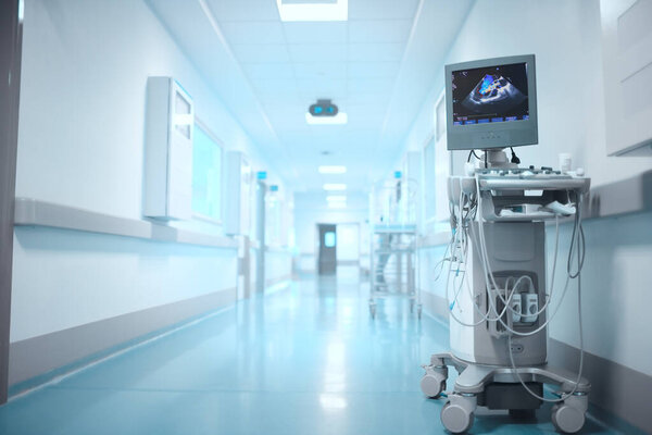 A patients CT scan is hanging on a tripod by the bed in the intensive care unit. In the background a nurse works with equipment. 