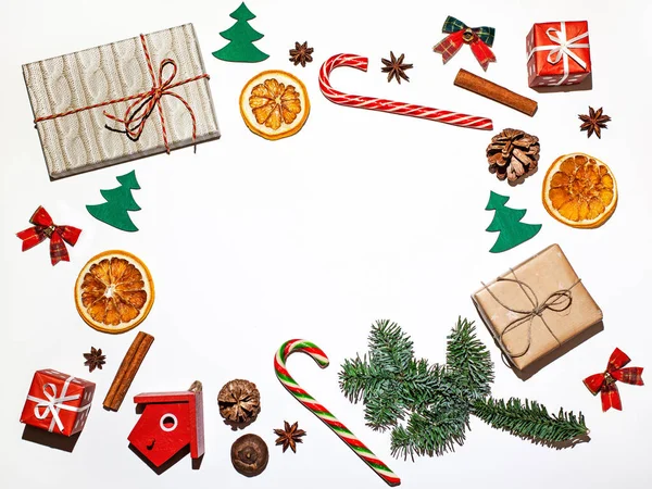 Düz Yatıyordu Noel Deseni Hediyeler Ağaç Portakal Süslemeler Tatlılar Oyuncaklar — Stok fotoğraf
