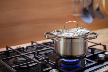 water boils in a pan on a gas stove, steam comes out from under the lid, the concept of cooking