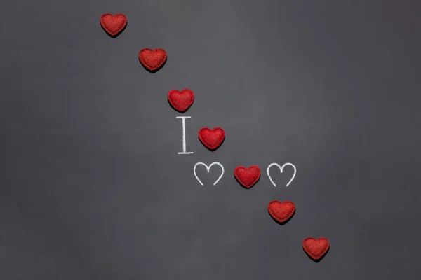 Inscription Love Mom Made Chalk Black Chalkboard Red Texture Hearts — Stockfoto