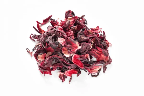 Rosso Ibisco Petali Fiori Ibisco Essiccati Sfondo Bianco Bevanda Tradizionale — Foto Stock