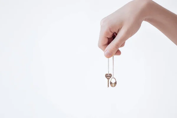 Llave Cerradura Mano Sobre Fondo Blanco Concepto Una Pareja Enamorada — Foto de Stock