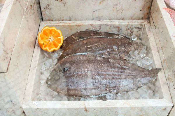 Fresh whole dorado fish lies beautifully aesthetically on the ice on the counter in a shop restaurant window farmers market — Stock Image Fresh Whole Dorado Fish Lies Beautifully Aesthetically Ice Counter Shop Stock Picture