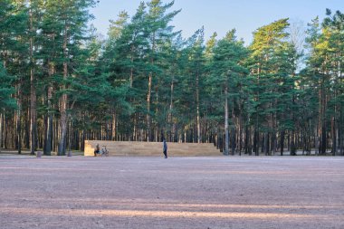 St.Petersburg, Rusya, Ocak 2020: Çam ladin ormanlarındaki futbol sahası, serbest kullanım, ahşap stantlar, büyükbaba ve küçük torun futbol oynuyor. Spor, sağlıklı yaşam tarzı. Çam Ormanı Parkı Sosnovka