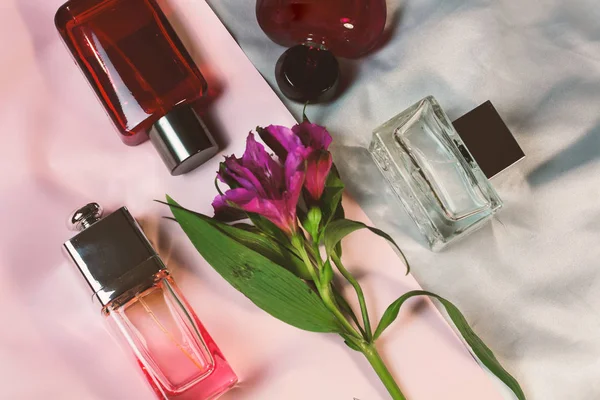 Transparent Glass Fashion Trendy Bottles Perfume Toilet Water Fragrances Pink — Stock Photo, Image