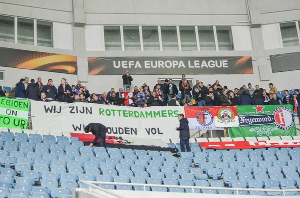 ODESSA, UKRAINE - November 03, 2016: Nether UEFA Europa League match group stage Zarya Lugansk vs Feyenoord Rotterdamlands fans at the sta — Stock Photo, Image