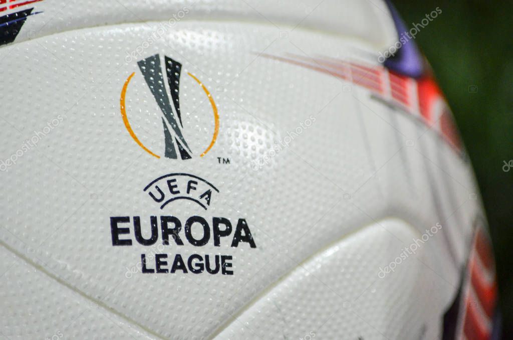 ODESSA, UKRAINE - November 03, 2016: Official soccer ball of the Europa League closeup during the UEFA Europa League match group stage Zarya Lugansk vs Feyenoord Rotterdam, Ukraine