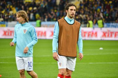 KIEV, UKRAINE - October 09, 2017: Luka Modric (L),  Sime Vrsaljk