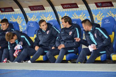 Kiev, Ukrayna - 09 Ekim 2017: Yedek futbol oyuncuları 