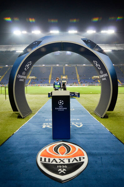 KHARKIV, UKRAINE - FEBRUARY 21, 2018: View on the stadium at the exit of the tunnel for players during UEFA Champions League match between Shakhtar Donetsk vs AS Roma at OSK Metalist stadium, Ukraine