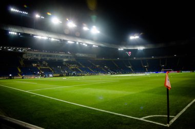 Kharkiv, Ukrayna - 21 Şubat 2018: Boş Stadyumu başlamadan önce Uefa Şampiyonlar Ligi yuvarlak 16 oyun Shakhtar Donetsk stadyum Osk Metalist Kharkiv, Ukrayna