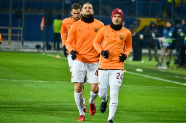 Kharkiv, Ukrayna - 21 Şubat 2018: Alessandro Florenzi Shakhtar Donetsk rakip olarak Roma Osk Metalist Stadyumu'nda, Ukrayna arasında Uefa Şampiyonlar Ligi maç sırasında