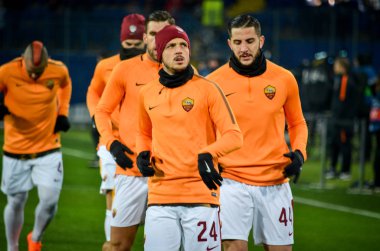 Kharkiv, Ukrayna - 21 Şubat 2018: Alessandro Florenzi Shakhtar Donetsk rakip olarak Roma Osk Metalist Stadyumu'nda, Ukrayna arasında Uefa Şampiyonlar Ligi maç sırasında