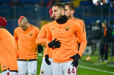 Kharkiv, Ukrayna - 21 Şubat 2018: Konstantinos Manolas Shakhtar Donetsk rakip olarak Roma Osk Metalist Stadyumu'nda, Ukrayna arasında Uefa Şampiyonlar Ligi maç sırasında
