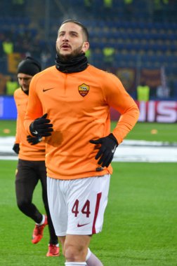 Kharkiv, Ukrayna - 21 Şubat 2018: Konstantinos Manolas Shakhtar Donetsk rakip olarak Roma Osk Metalist Stadyumu'nda, Ukrayna arasında Uefa Şampiyonlar Ligi maç sırasında