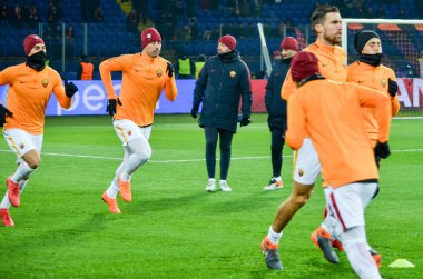 Kharkiv, Ukrayna - 21 Şubat 2018: Eğitim oyuncu olarak Roma Shakhtar Donetsk rakip olarak Roma, Ukrayna arasında Uefa Şampiyonlar Ligi maç sırasında