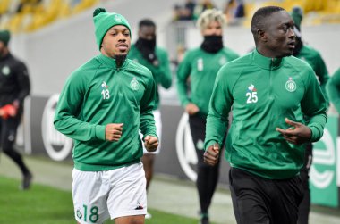 Lviv, Ukrayna - 07 Kasım 2019: Arnaud Nordin ve Assane Diousse, Uefa Avrupa Ligi (Ukrayna) - Saint Etienne (Fransa) - Ukrayna maçı sırasında