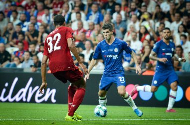 Istanbul, Turkey - August 14, 2019: Christian Pulisic during the UEFA Super Cup Finals match between Liverpool and Chelsea at Vodafone Park in Vodafone Arena, Turkey