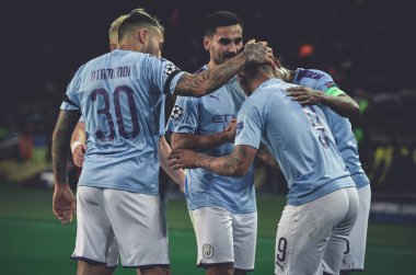 KHARKIV, UKRAINE - September 18, 2019: Nicolas Otamendi and Gabriel Jesus celebrate goal scored during the UEFA Champions League match between Shakhtar vs Manchester City (England), Ukraine