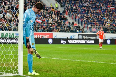 SAINT-PETERSBURG, RUSSIA - November 16, 2019: Thibaut Courtois during UEFA EURO 2020 qualifying match between national team Russia against Belgium national team, Russia