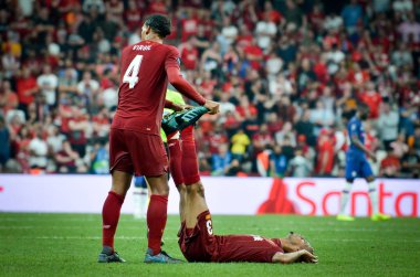 Istanbul, Turkey - August 14, 2019: Fabinho and Virgil van Dijk during the UEFA Super Cup Finals match between Liverpool and Chelsea at Vodafone Park in Vodafone Arena, Turkey