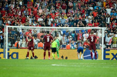 Istanbul, Turkey - August 14, 2019: Jorginho hit penalty during the UEFA Super Cup Finals match between Liverpool and Chelsea at Vodafone Park in Vodafone Arena, Turkey