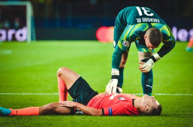 KHARKIV, UKRAINE - September 18, 2019: Ederson helped Junior Moraes during the UEFA Champions League match between Shakhtar vs Manchester City (England), Ukraine