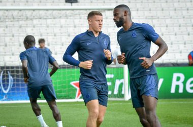 İstanbul, Türkiye - 14 Ağustos 2019: Antonio Rudiger Uefa Süper Kupası Finallerinden önce Liverpool ile Chelsea arasında Vodafone Park, Türkiye 'deki Vodafone Arena' da oynanan karşılaşma