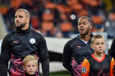 KHARKIV, UKRAINE - September 18, 2019: Kyle Walker and Raheem Sterling during the UEFA Champions League match between Shakhtar Donetsk vs Manchester City, Ukraine