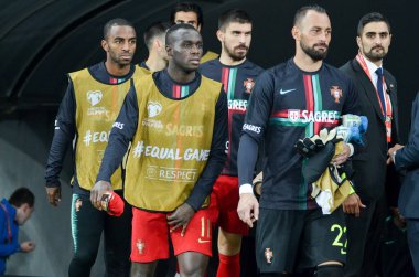Kyiv, Ukrayna - 14 Ekim 2019: Uefa Euro 2020 ön eleme karşılaşmasında Bruma ve Beto Portekiz milli takımı Ukrayna ile karşılaşacak.