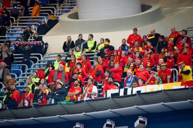 SAINT-PETERSBURG, RUSSIA - November 16, 2019: Belgium Football fans celebrate victory after UEFA EURO 2020 qualifying match between national team Russia against Belgium, Russia