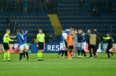 KHARKIV, UKRAINE - December 11, 2019: Atalanta player celebrate their team getting to the next round of the 1/8 finals Champions League, Ukraine