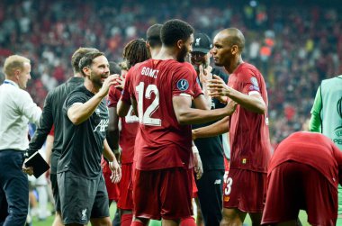 Istanbul, Turkey - August 14, 2019: Liverpool footballers celebrate victory in the UEFA Super Cup Finals match between Liverpool and Chelsea at Vodafone Park in Vodafone Arena, Turkey
