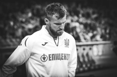 Kyiv, Ukrayna - 14 Ekim 2019: Uefa Euro 2020 ön eleme karşılaşmasında Ukrayna milli takımı Ukrayna milli takımı Ukrayna ile oynanan karşılaşmada Andrii Yarmolenko
