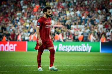Istanbul, Turkey - August 14, 2019: Mohamed Salah player during the UEFA Super Cup Finals match between Liverpool and Chelsea at Vodafone Park in Vodafone Arena, Turkey