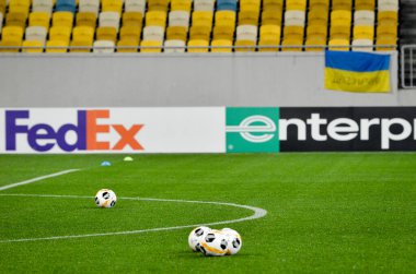 Lviv, Ukrayna - 28 Kasım 2019: Uefa Avrupa Ligi resmi futbol topu Alexandria (Ukrayna) - Wolfsburg (Almanya), Ukrayna
