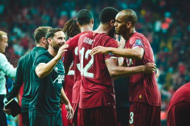 Istanbul, Turkey - August 14, 2019: Liverpool footballers celebrate victory in the UEFA Super Cup Finals match between Liverpool and Chelsea at Vodafone Park in Vodafone Arena, Turkey