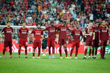 Istanbul, Turkey - August 14, 2019: Liverpool  and Chelsea Football players awaiting a penalty shootout during the UEFA Super Cup Finals match between Liverpool and Chelsea, Turkey