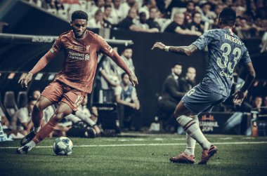 Istanbul, Turkey - August 14, 2019: Emerson and Joe Gomez during the UEFA Super Cup Finals match between Liverpool and Chelsea at Vodafone Park in Vodafone Arena, Turkey