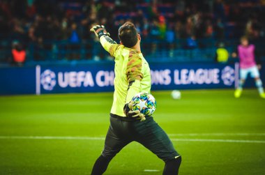 KHARKIV, UKRAINE - September 18, 2019: Goalkeeper throws the ball into the field during the UEFA Champions League match between Shakhtar Donetsk vs Manchester City, Ukraine