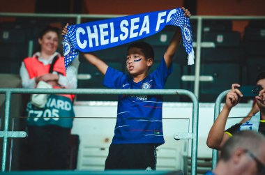 Istanbul, Turkey - August 14, 2019: Chelsea  Football fans and spectators during the UEFA Super Cup Finals match between Liverpool and Chelsea at Vodafone Park in Vodafon Arena, Turkey