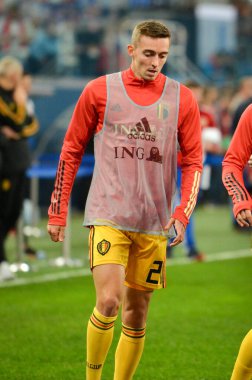 SAINT-PETERSBURG, RUSSIA - November 16, 2019: Timothy Castagne and Belgium national football team training session during UEFA EURO 2020 qualifying match between Russia against Belgium, Russia