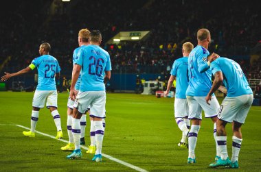 Kharkiv, Ukrayna - 18 Eylül 2019: Manchester City, Uefa Şampiyonlar Ligi maçında attığı golü kutladı