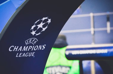 KHARKIV, UKRAINE - December 11, 2019: UEFA Champions League lettering with logo during the UEFA Champions League match between Shakhtar vs Atalanta BC (Italy), Ukraine