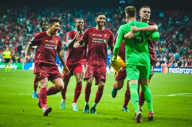 Istanbul, Turkey - August 14, 2019: Liverpool  players celebrates victory in UEFA Super Cup during the UEFA Super Cup Finals match between Liverpool and Chelsea at Vodafone Park, Turkey
