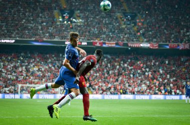 Istanbul, Turkey - August 14, 2019: Cesar Azpilicueta and Sadio Mane during the UEFA Super Cup Finals match between Liverpool and Chelsea at Vodafone Park in Vodafone Arena, Turkey