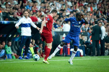 Istanbul, Turkey - August 14, 2019: Andrew Robertson and Kurt Zouma during the UEFA Super Cup Finals match between Liverpool and Chelsea at Vodafone Park in Vodafone Arena, Turkey